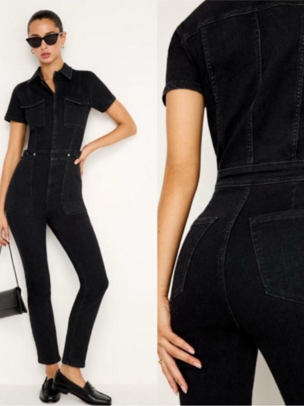 Good American Fit For Success Black Denim Jumpsuit Zip Front XS S